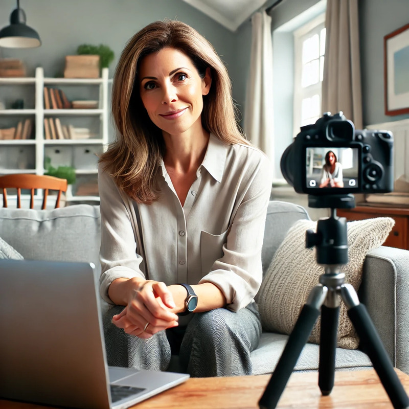 DALL·E 2024-09-11 16.02.51 - A middle-aged woman recording a video CV at home. She is sitting comfortably in front of a laptop with a webcam, dressed in casual but neat attire. Th.png