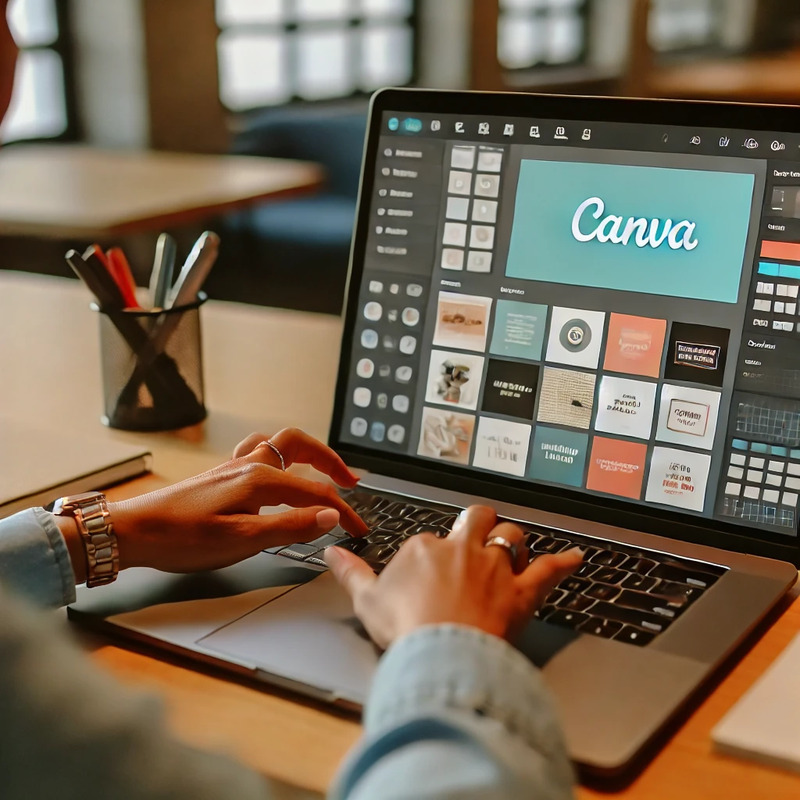 DALL·E 2024-09-03 15.56.09 - A person sitting at a desk using Canva, the popular graphic design tool, on their laptop. The screen shows the Canva interface with various design ele.png