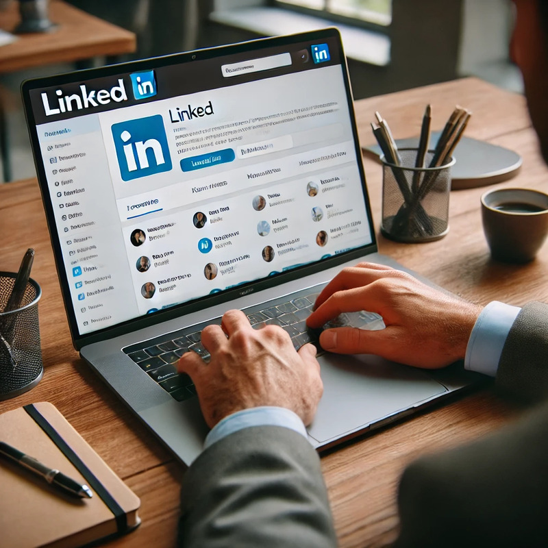 DALL·E 2024-09-03 15.56.38 - A person sitting at a desk using LinkedIn on their laptop. The screen shows the LinkedIn interface with a profile or newsfeed open. The person looks e.png