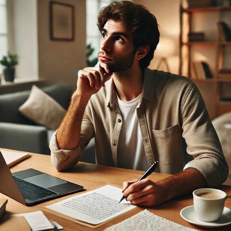 DALL·E 2024-09-18 12.29.51 - A person sitting at a desk, thoughtfully contemplating while writing a cover letter. The scene includes a laptop, a piece of paper with handwritten no.png