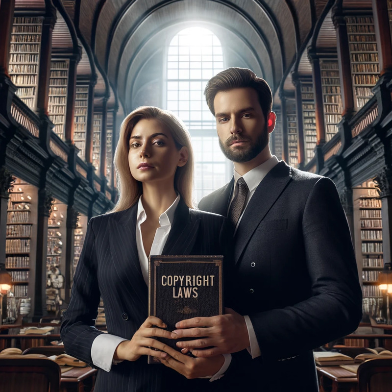 DALL·E 2024-04-08 16.02.01 - A woman and a man, both dressed in professional attire, are standing side by side in a large, old library filled with towering bookshelves. They are h.png