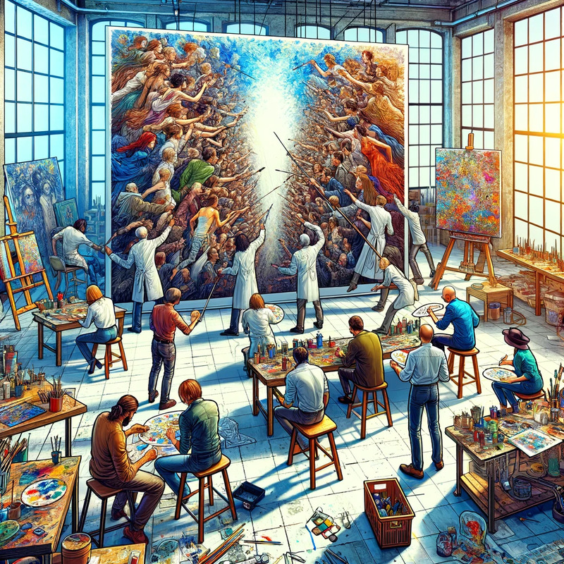 DALL·E 2024-04-08 16.03.57 - Multiple artists collaboratively painting a large canvas in a bright, spacious art studio. The canvas is placed in the center of the room, surrounded .png
