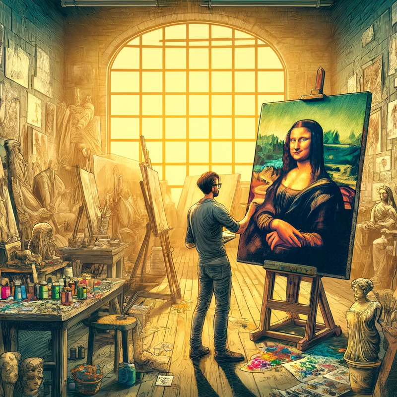 DALL·E 2024-04-08 16.00.17 - An artist in the midst of painting the Mona Lisa, standing before a large canvas in a sunlit, spacious studio filled with art supplies, sketches, and .png