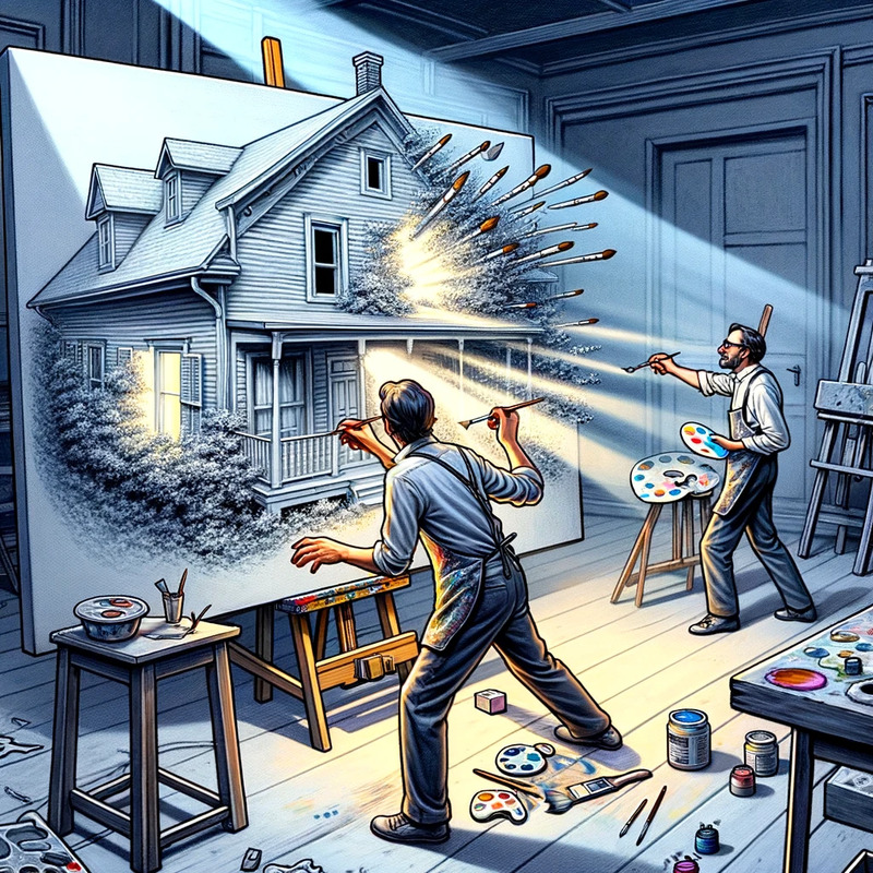 DALL·E 2024-04-08 16.29.20 - Artists continue painting a scene of a house extending beyond the canvas, as if the painted house is spilling into the real world. The studio is fille.png