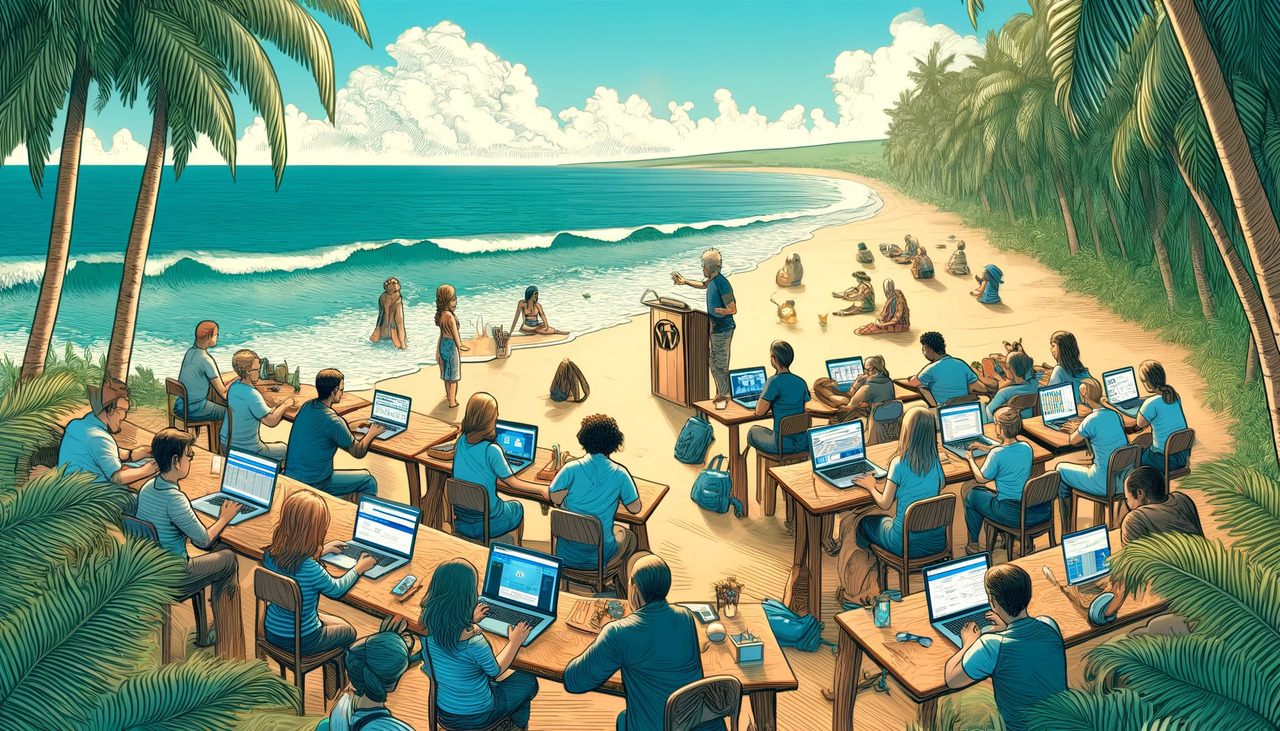 DALL·E 2024-04-07 16.29.55 - Expand the scene to offer a wider, more encompassing view of the beach, where a larger group of diverse individuals is engaged in a WordPress learning.png