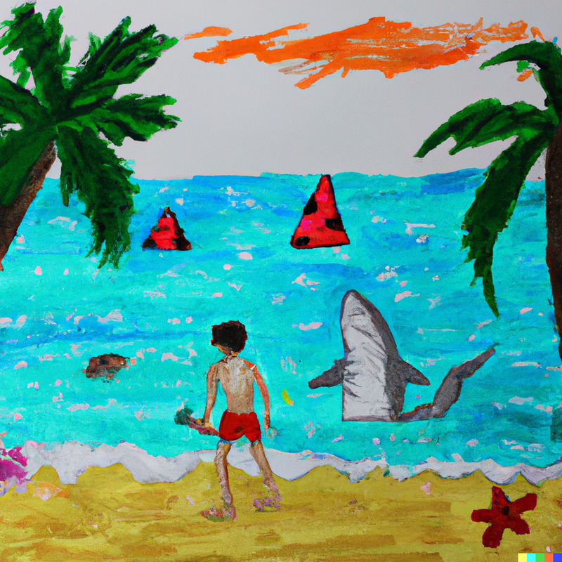 DALL·E 2024-02-19 16.22.24 - Paint a picture about swimsuit boys in beach on Thailand. Palm trees adorn the sides of the beach. Sharks are lurking in the ocean..png