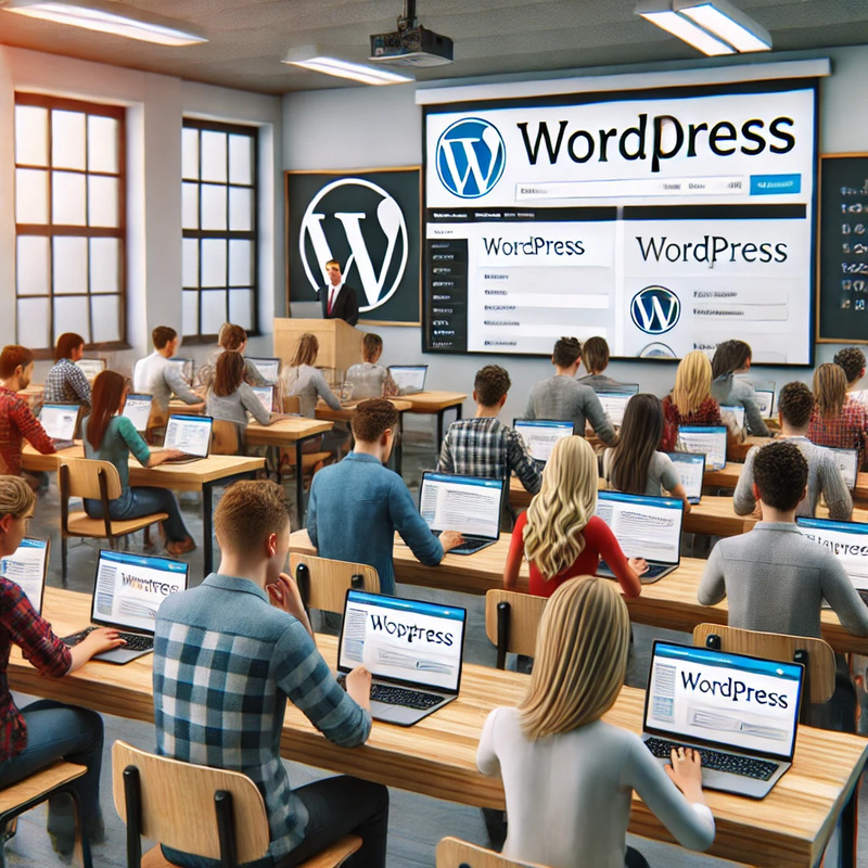 DALL·E 2024-10-31 19.23.12 - A realistic image of students studying WordPress in a classroom setting. The students are focused on their laptops, with a projector screen at the fro.png