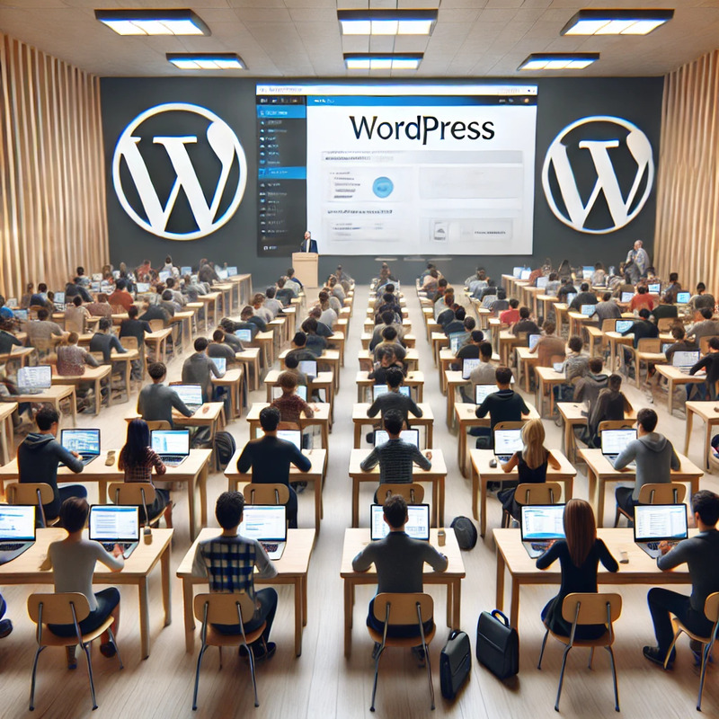 DALL·E 2024-10-31 19.39.38 - A realistic image of a large classroom filled with students studying WordPress. The room has many rows of desks with students focused on their laptops.png