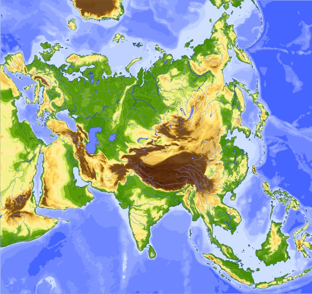 Aasia. Himalajan vuoristo erottuu kartasta ruskeana. Löydätkö Japanin ja  Intian?