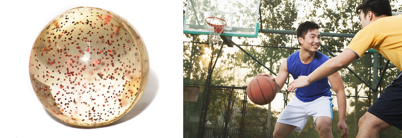 A super ball is made out of an elastic material. A basketball is filled with air, which makes it elastic.