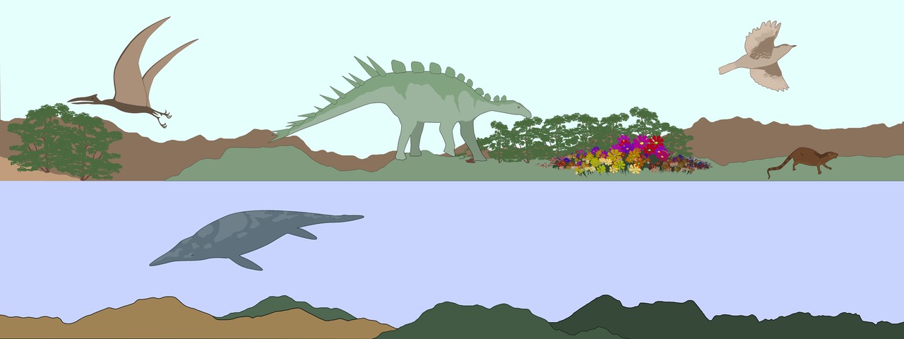 Nisäkkäät ja linnut kehittyivät elämän keskiajalla. Elämän keskiajan lopulla suuri massasukupuutto tuhosi dinosaurukset.