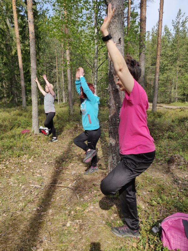 Kuva Kuvassa joogaajia metsässä.