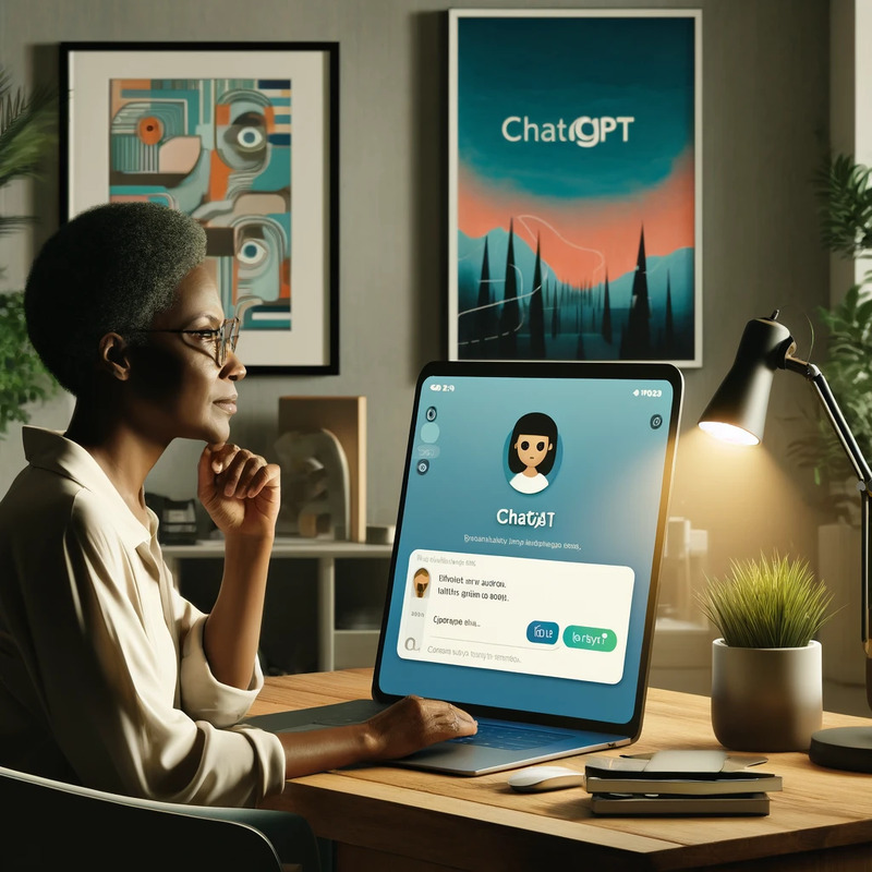 DALL·E 2024-04-16 00.49.40 - A creative office setup featuring a user exploring the ChatGPT interface on a laptop. The laptop screen shows a dynamic, user-friendly interface of Ch.png