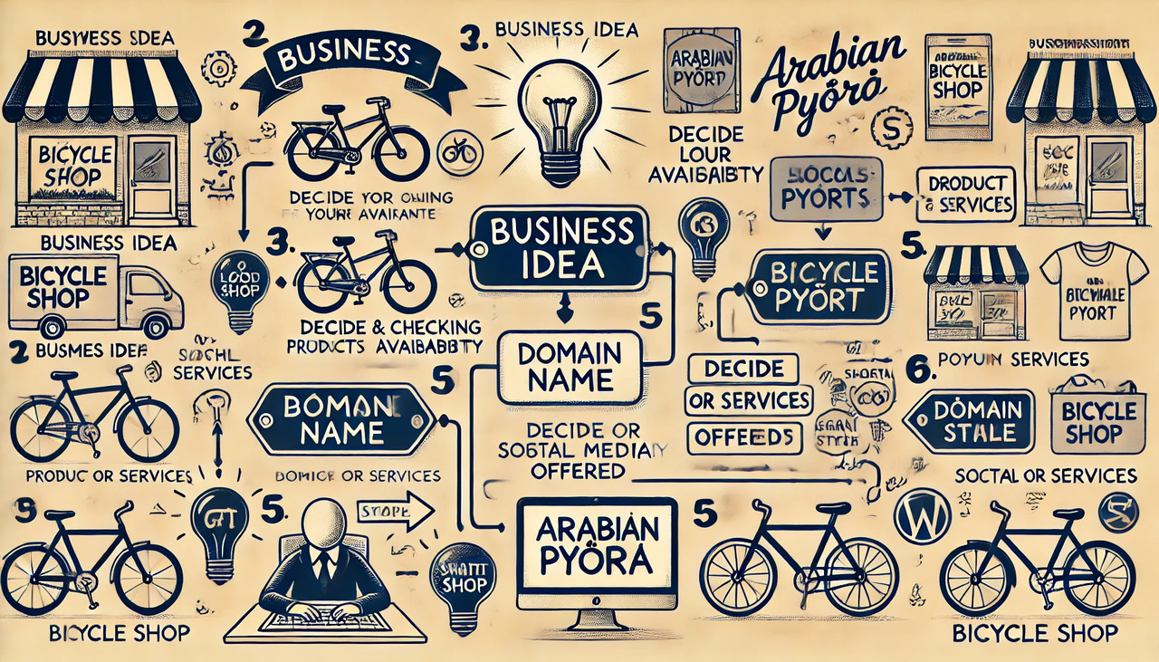 DALL·E 2024-10-30 19.00.31 - A visually clear flowchart-style image illustrating the steps for establishing a business or association, featuring a bicycle shop example. Each step .png