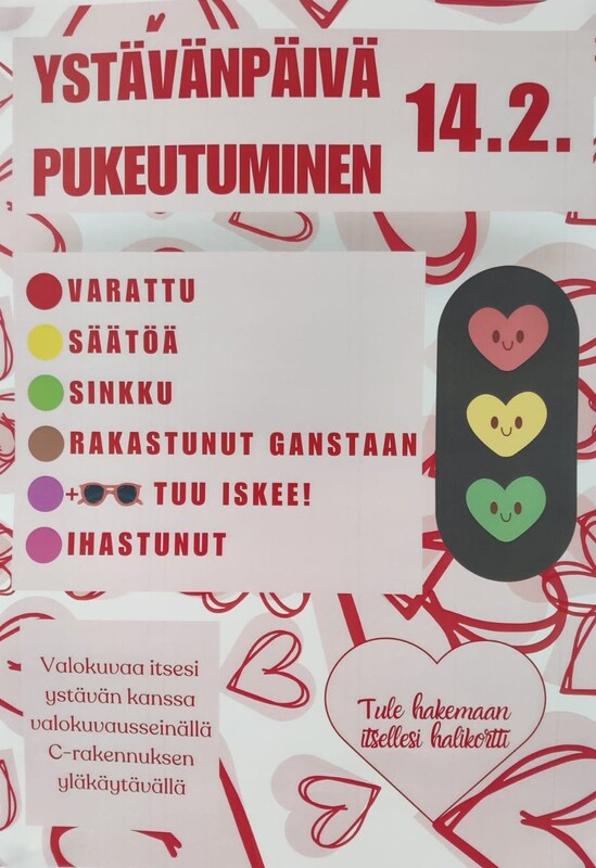 Perjantaina 14.2.2025 vietetään ystävänpäivää ❤️ Äetsän koululla tukarit järjestävät ohjelmaa, joten luvassa on liikennevalopukeutumista, halikortteja ja kuvausseinä 🚦📳👩❤️👩💑💖💝