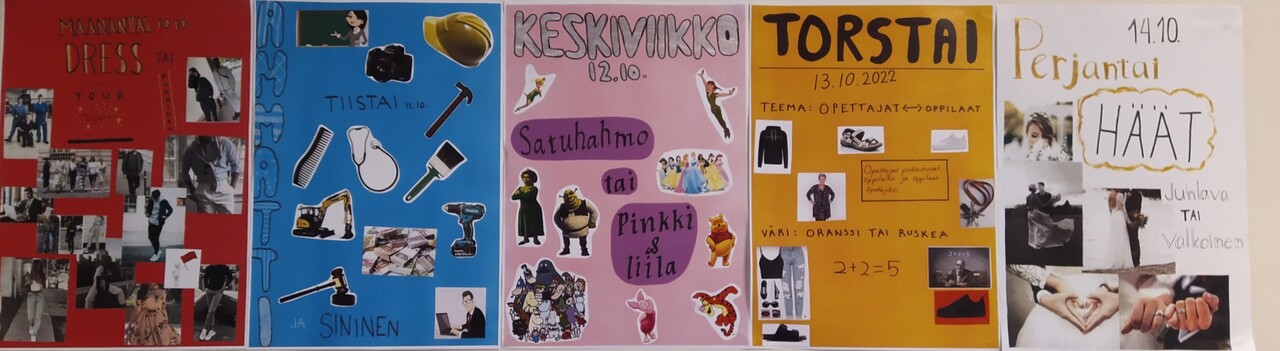 Tukareiden järjestämä väriviikko tällä viikolla! Maanantai: dress as your type tai punainen, tiistai: ammatti tai sininen, keskiviikko: satuhahmo tai pinkki/lila torstai: oppilaat opettajiksi / opettajat oppilaiksi tai ruskea/oranssi, perjantai: häät/juhlava tai valkoinen.