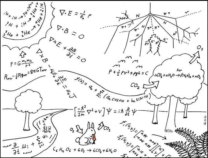 Kuvassa useita fysiikan kaavoja ja kemiallisia reaktioita, joilla kuvataan luonnossa tapahtuvia ilmiöitä.