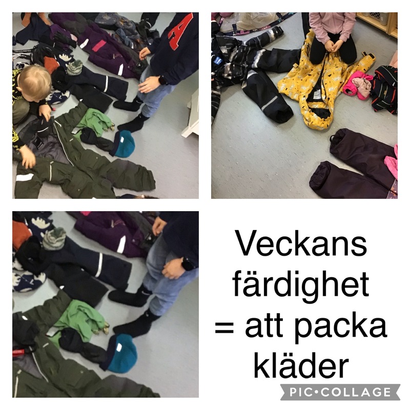 Vi har övat att packa våra kläder: att lägga mössan, vantarna och halsduken in i ärmen på halaren/jackan
