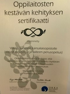 Vakka-opistolla on oppilaitosten kestävän kehityksen sertifikaatti