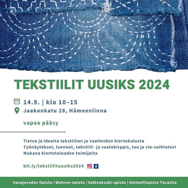 Tekstiilit Uusiks -tapahtuma on 14. syyskuuta 2024 klo 10-15.